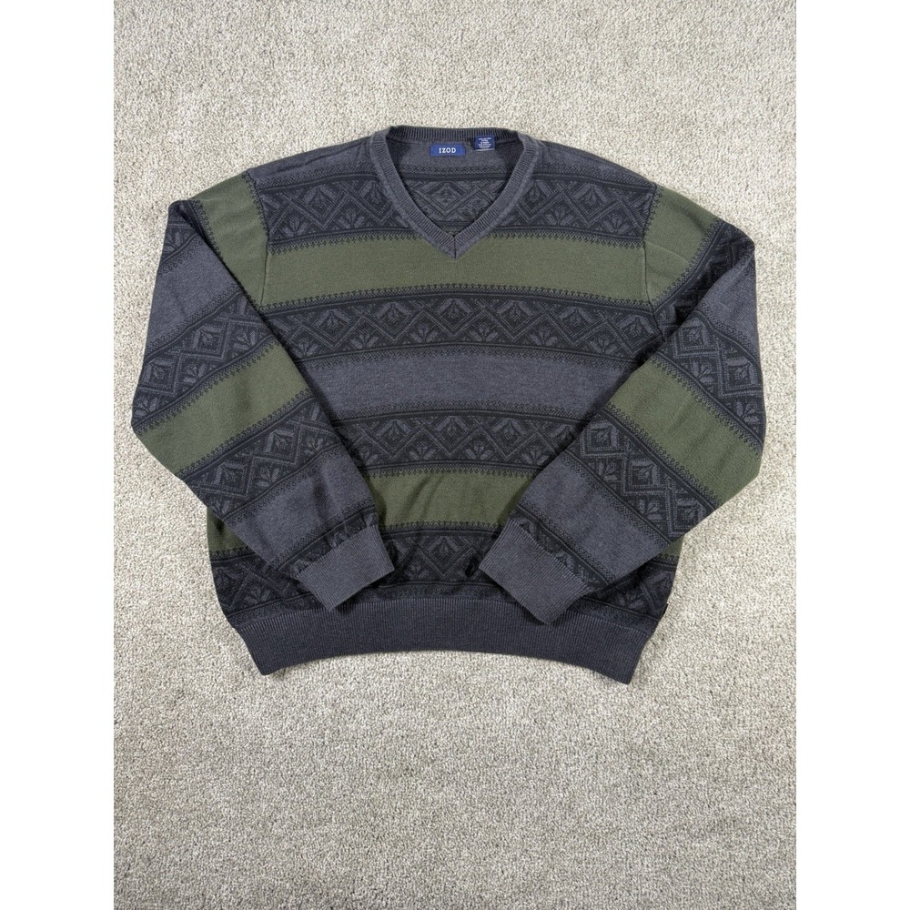 IZOD Mens Sweater XXL V-Neck Geometric Striped Gray Green Cotton Blend Pullover